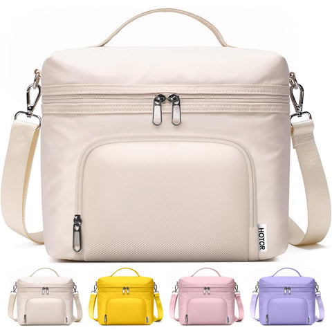 HOTOR Lunch Box for Women beige front view showcases elegant PU leather and professional style.
