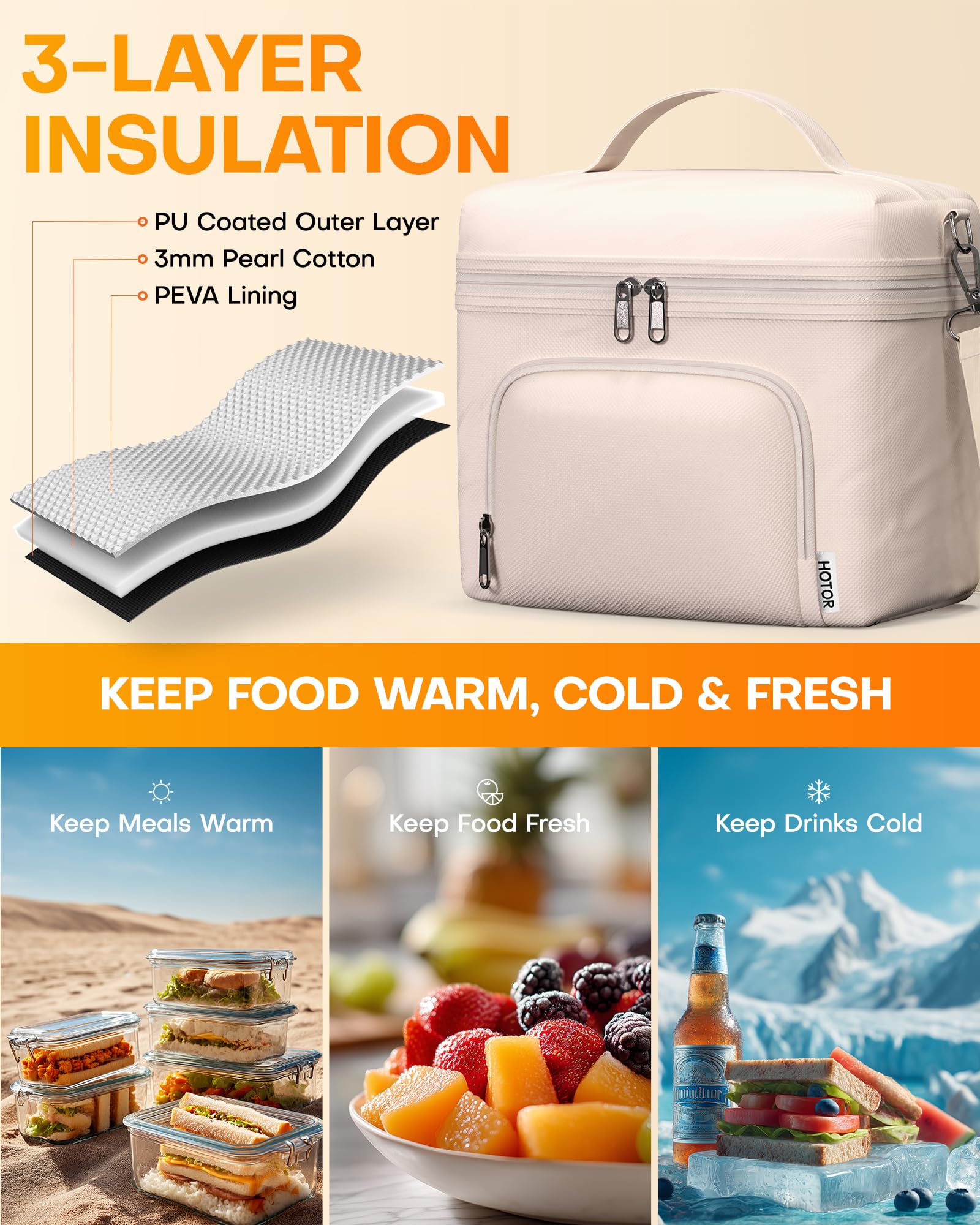 HOTOR Lunch Box for Women beige side view emphasizes slim profile for campus carry.