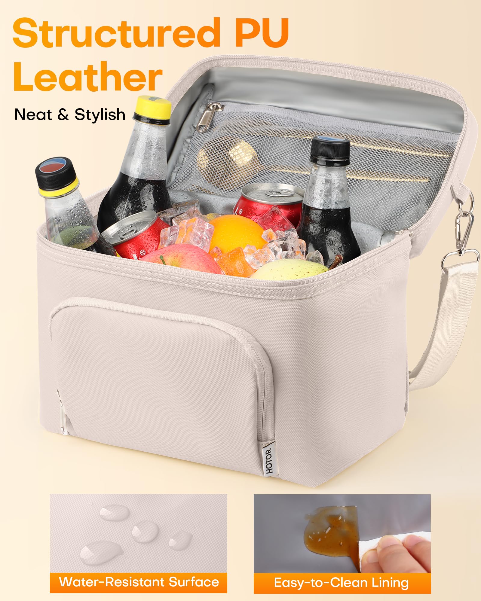 HOTOR Lunch Box for Women beige strap and handles highlight flexible carry options.