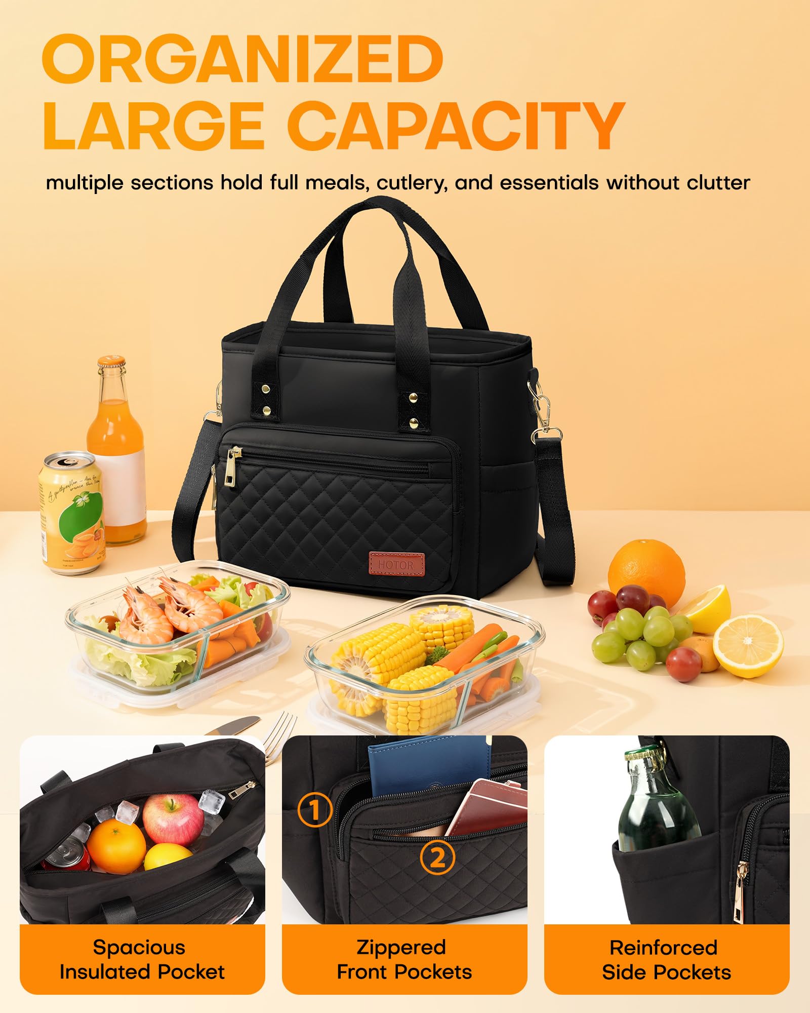 HOTOR lunch box front pocket keeps utensils and napkins within easy reach.