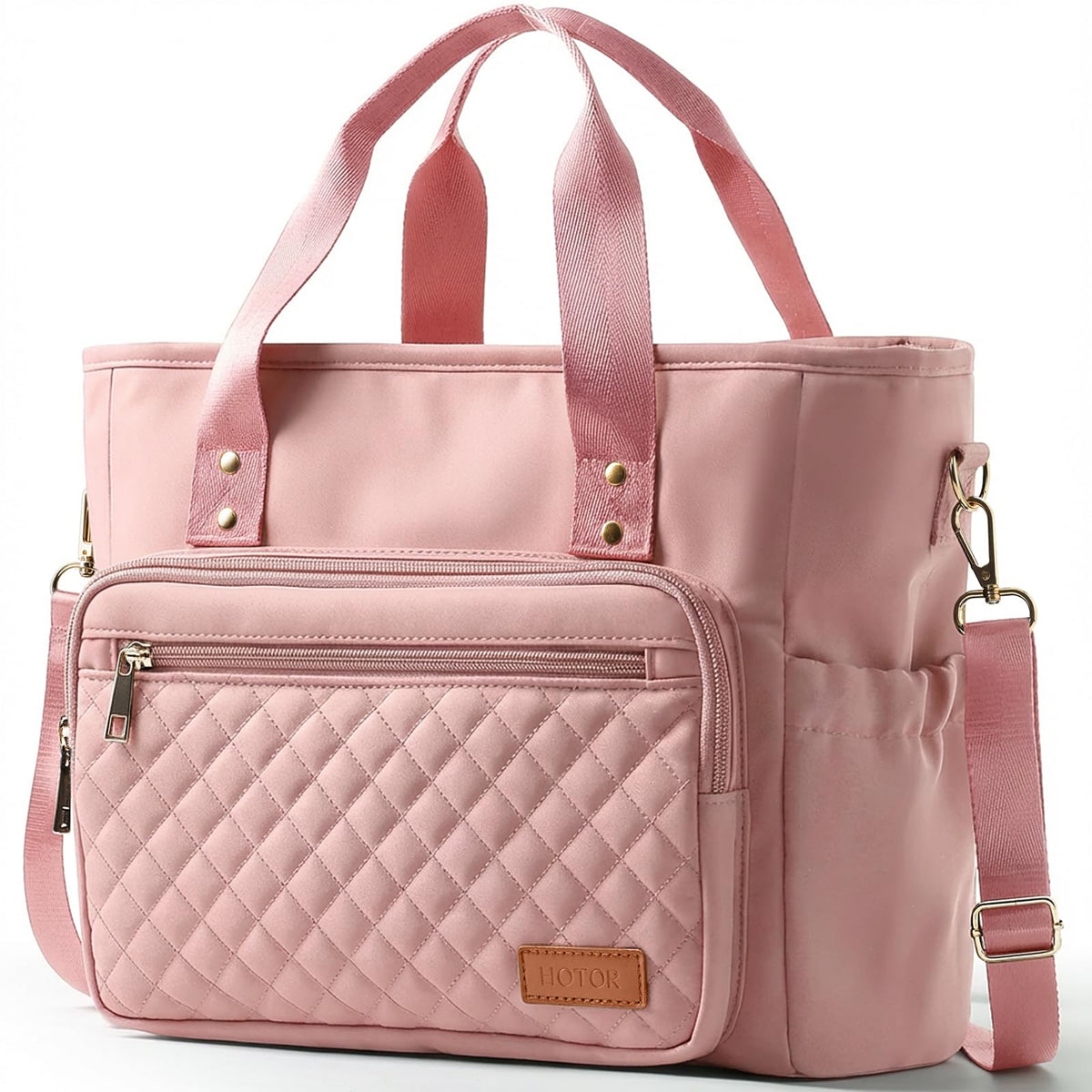 HOTOR Lunch Box for Women pink exterior highlighting organized pockets for on-the-go meals.