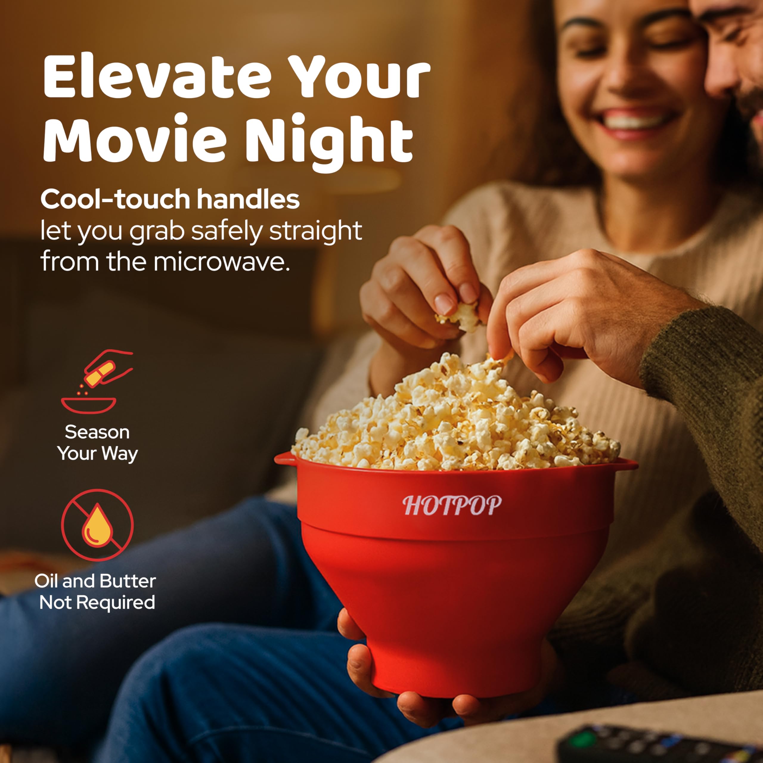 HOTPOP graphic highlights 15-cup capacity for sharing during movie nights.