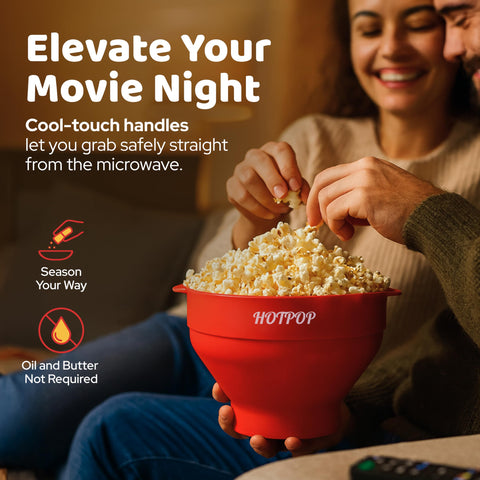 HOTPOP graphic highlights 15-cup capacity for sharing during movie nights.