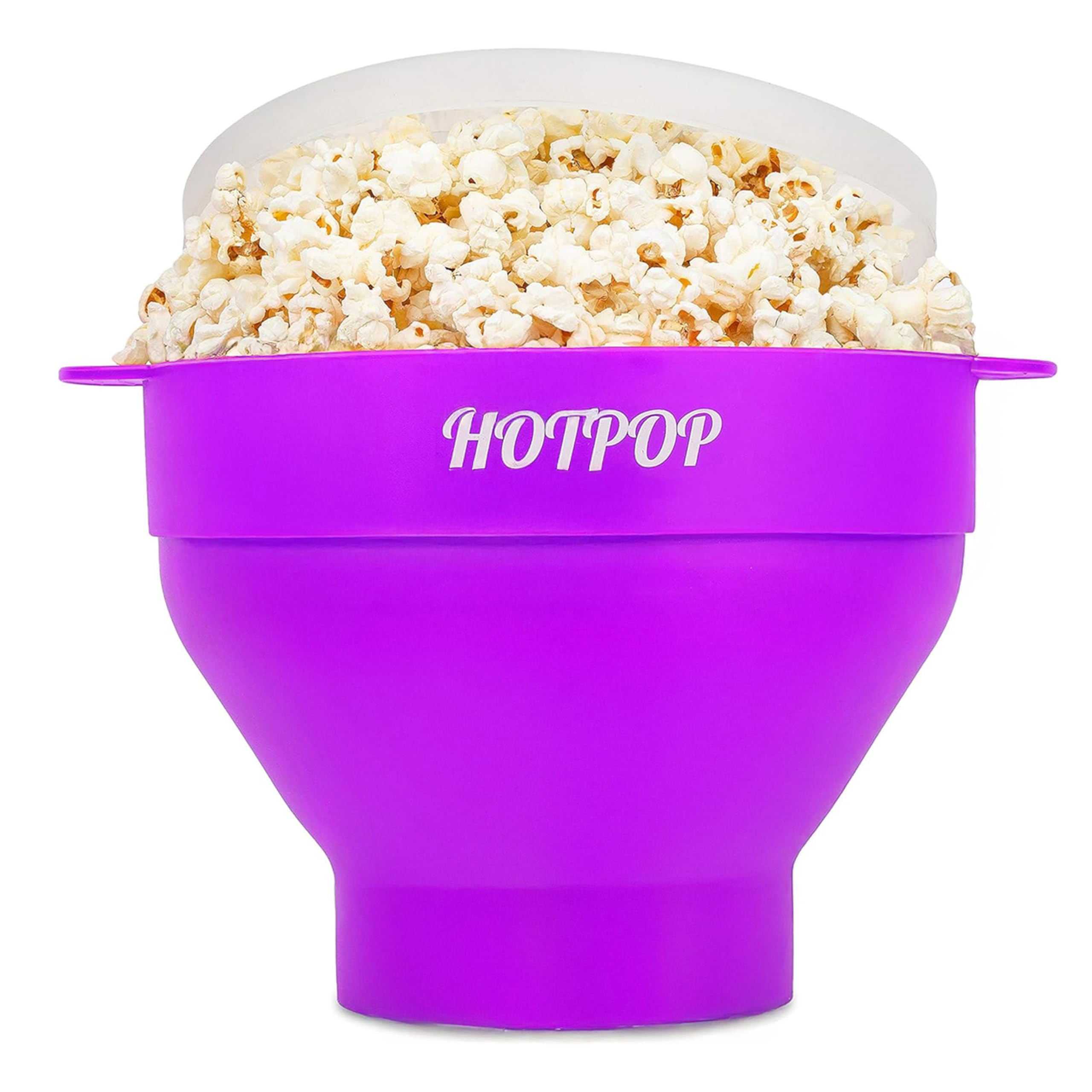 Hotpop Original popcorn popper with purple lid for safe microwave popping.