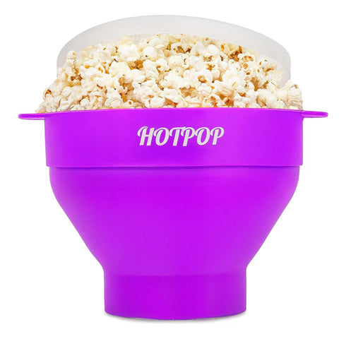 Hotpop Original popcorn popper with purple lid for safe microwave popping.