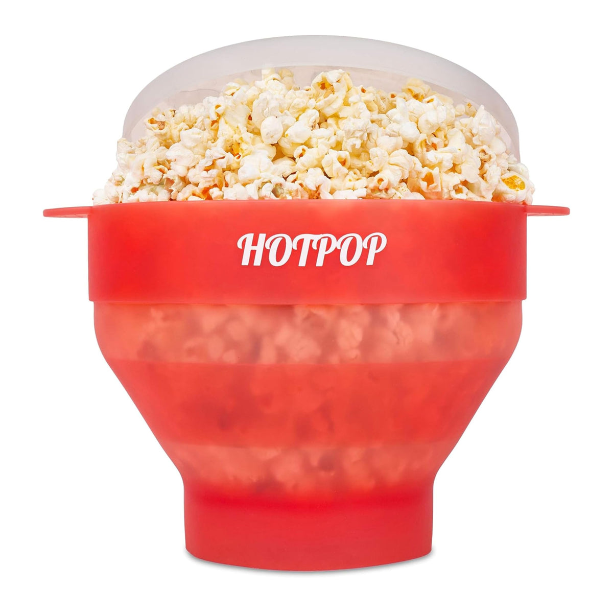 HOTPOP popcorn popper with transparent red lid for quick, even microwaving at home.