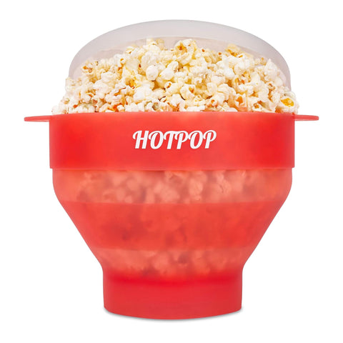 HOTPOP popcorn popper with transparent red lid for quick, even microwaving at home.
