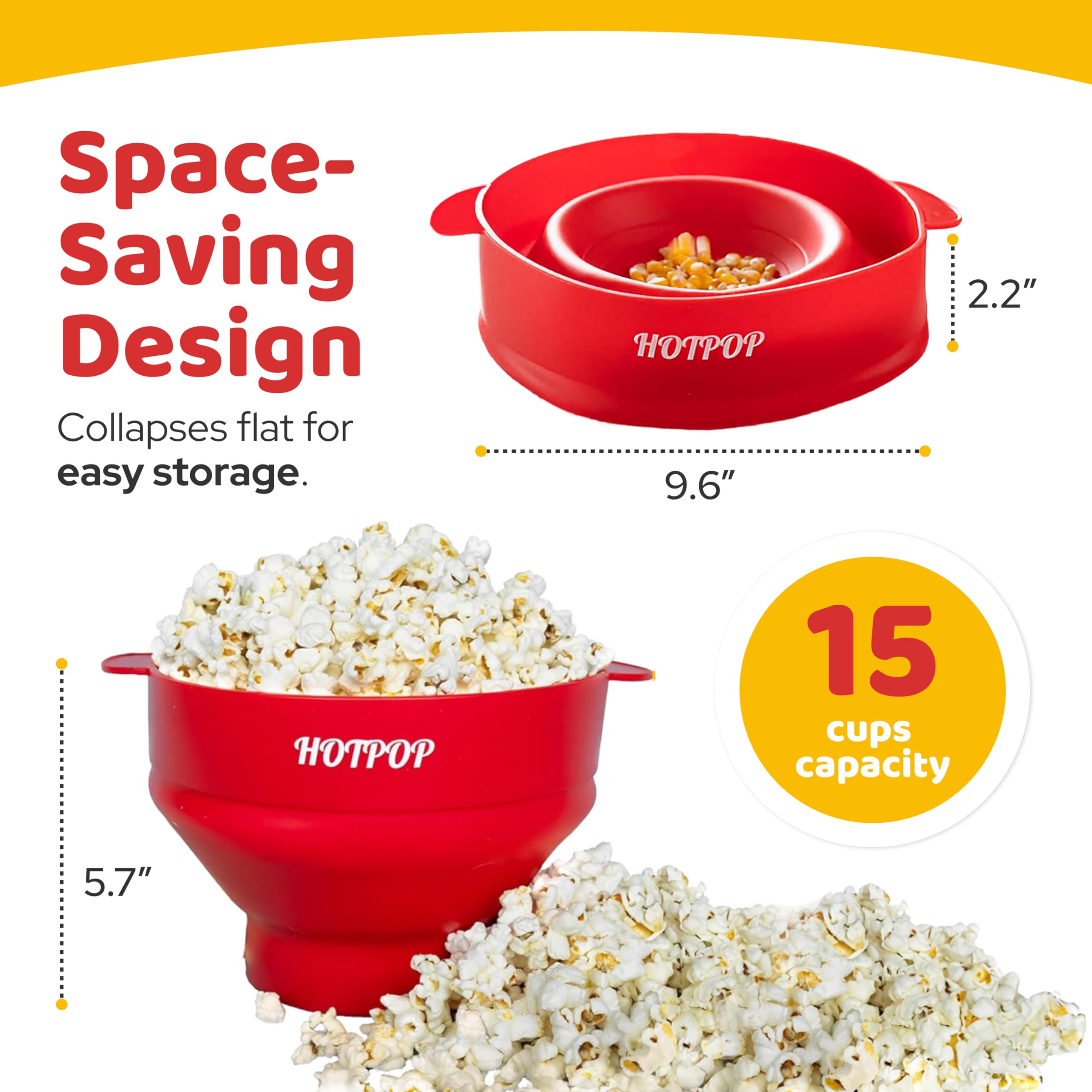 HOTPOP red-handled popcorn maker detail showing safe grip during popping.