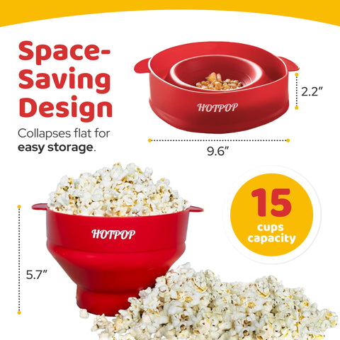 HotPOP silicone popcorn maker for microwave use with heat resistance and safety.