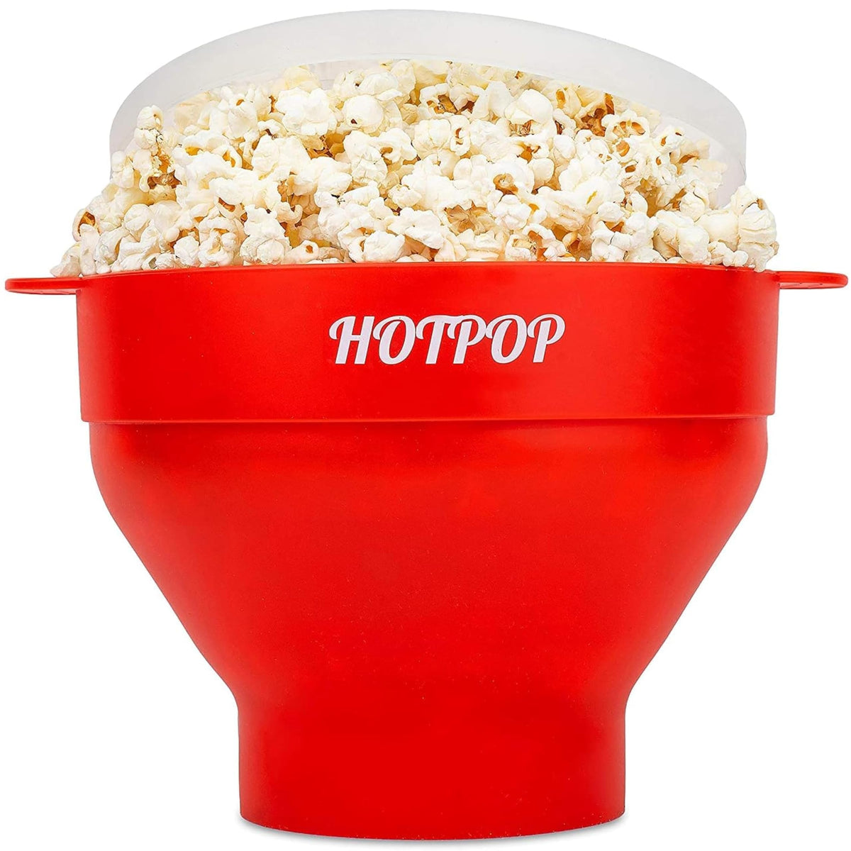 HOTPOP silicone popcorn maker in red, front view, perfect for quick family snacks.