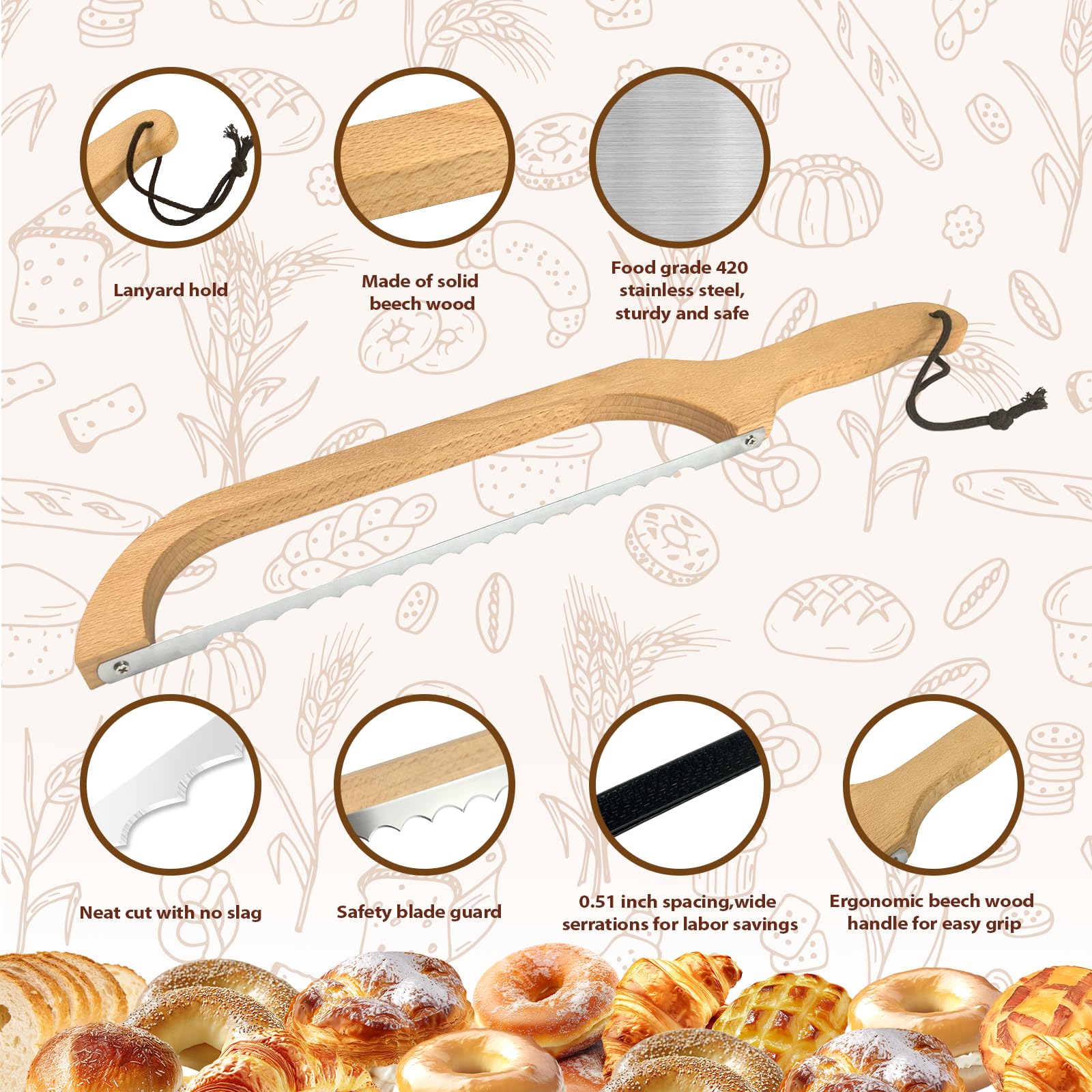 HOTTOR 16-inch serrated bread knife for even slices.