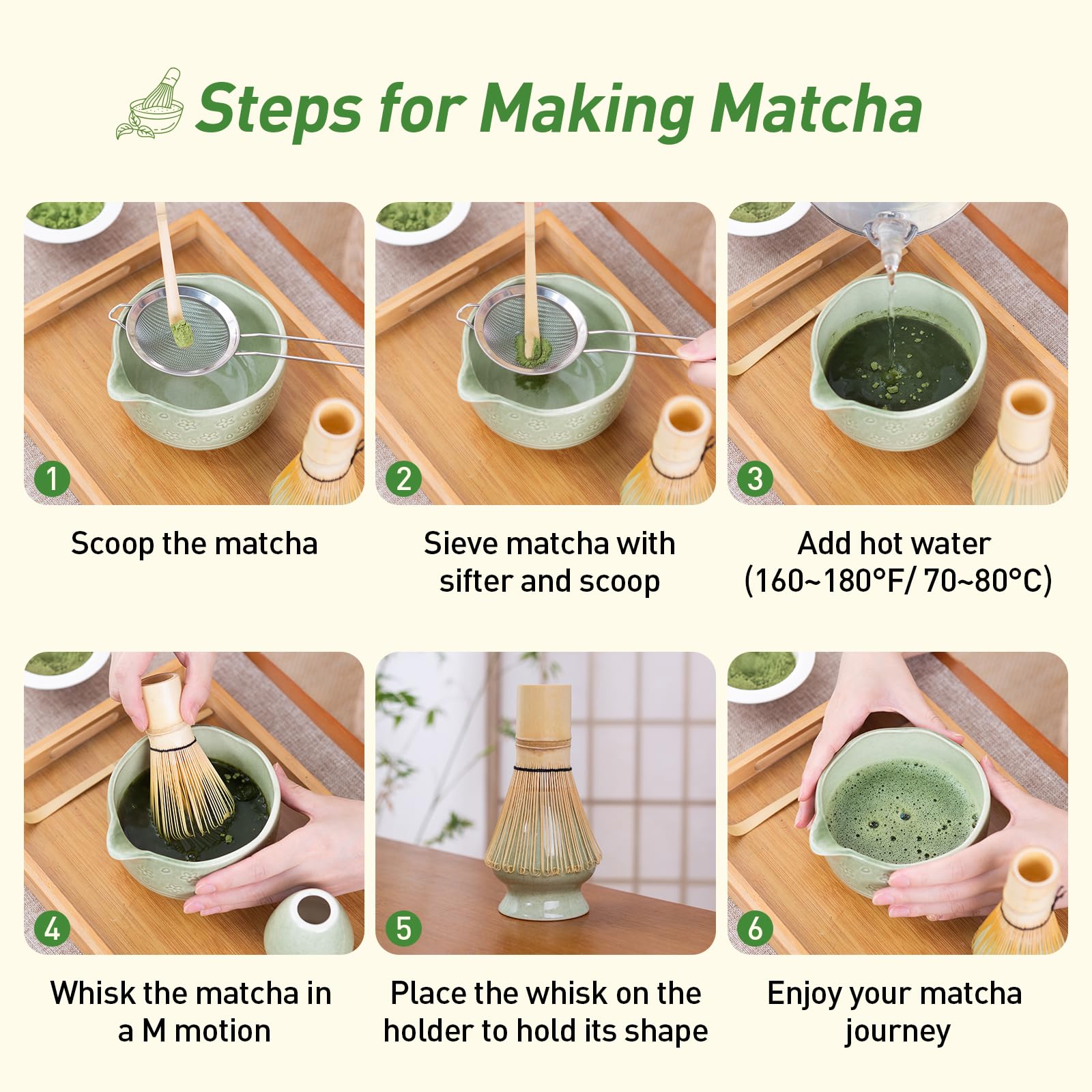 HOTTOR complete matcha kit with whisk, sifter, scoop, bowl, and stand.
