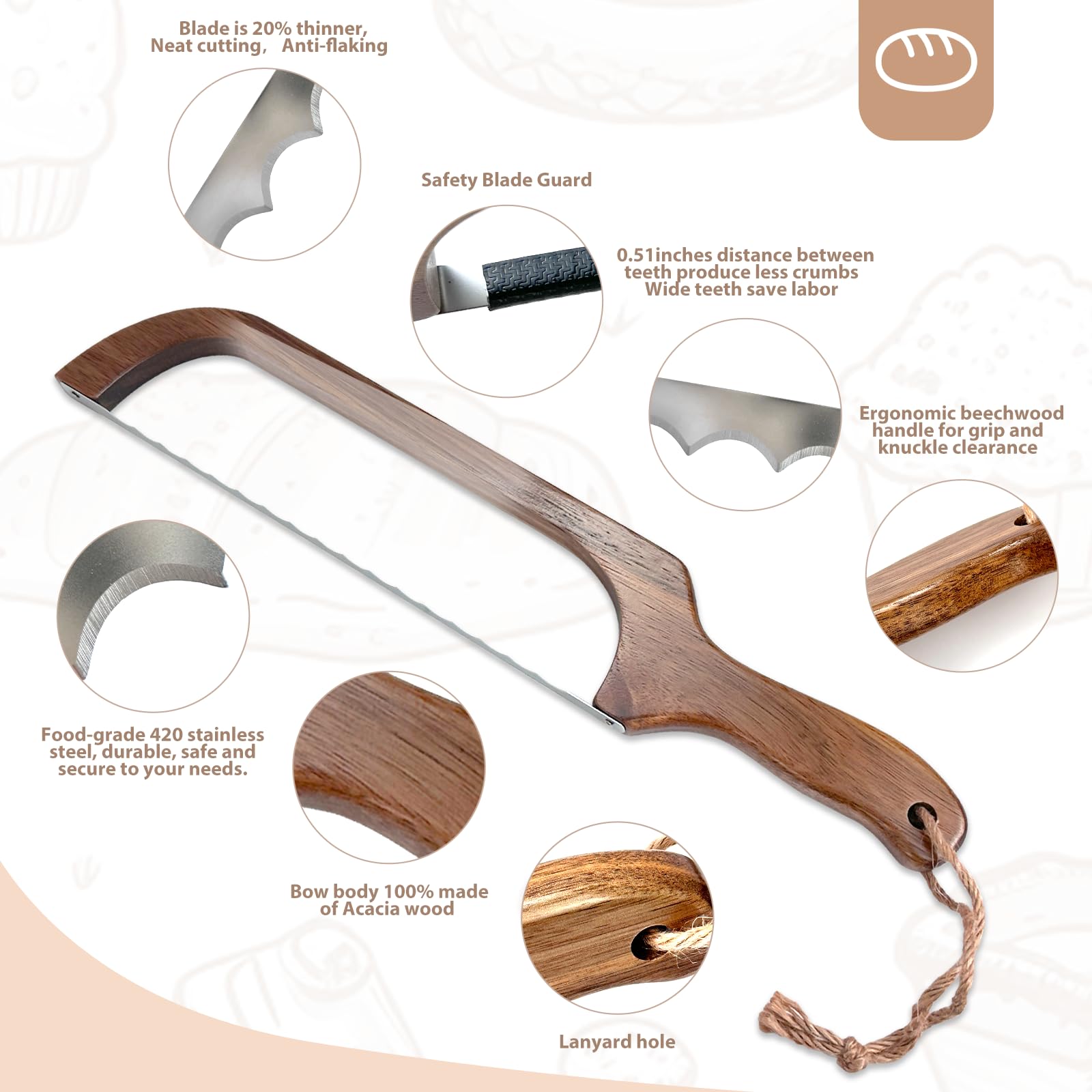 HOTTOR wooden bow bread slicer highlighting sturdy construction for even loaf cuts.