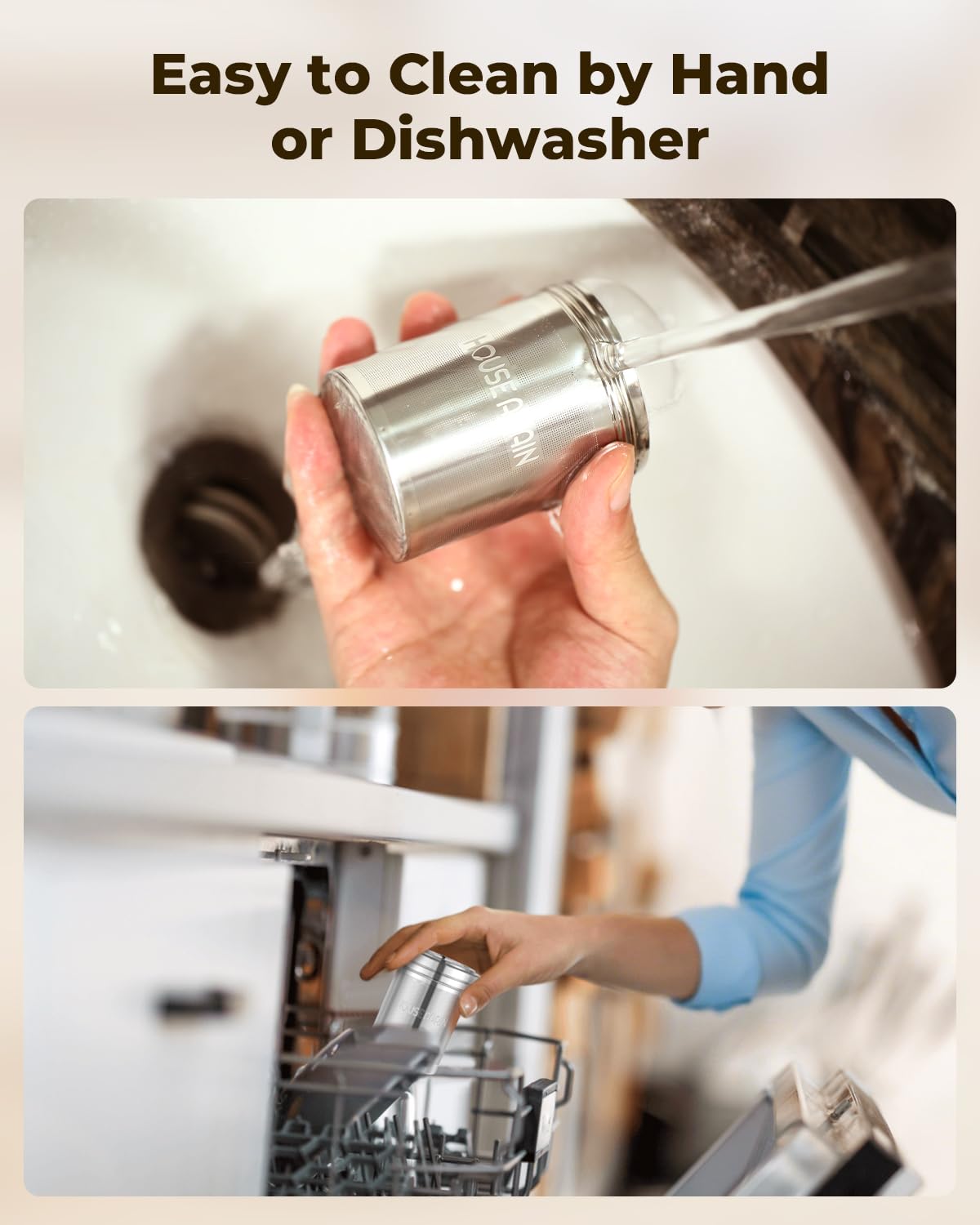House Again stainless steel tea filter with 18-8 finish for durability.