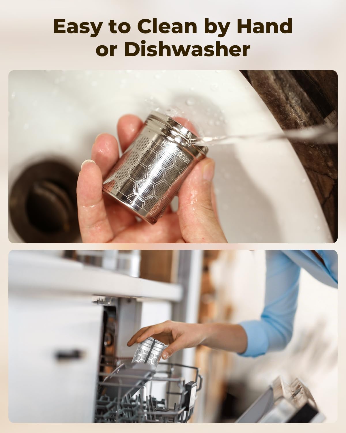 House Again tea infuser with chain hook fits mugs and teapots securely.