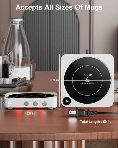 House Gem Mug Warmer shows a timer and auto shut-off for flexible use.