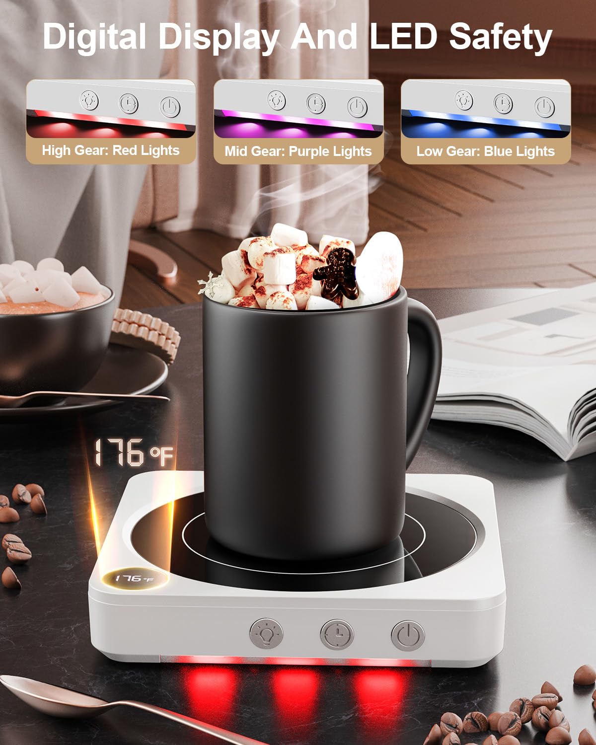 Ceramic coffee cup resting on the 5.2 inch heating panel of the House Gem warmer.