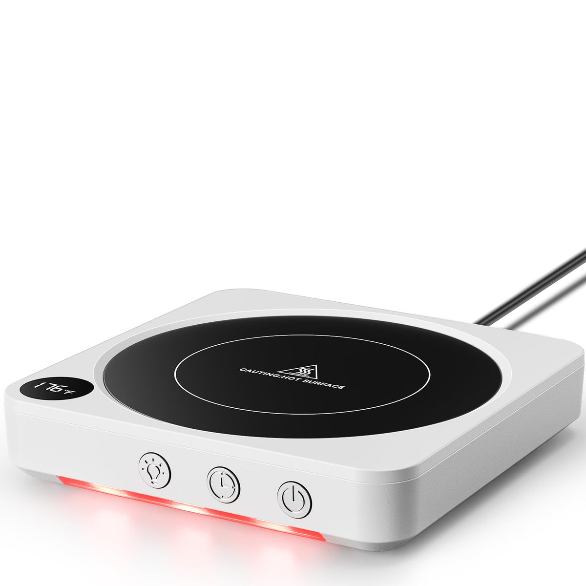 House Gem Mug Warmer on a desk with temperature display keeps your beverage warm.