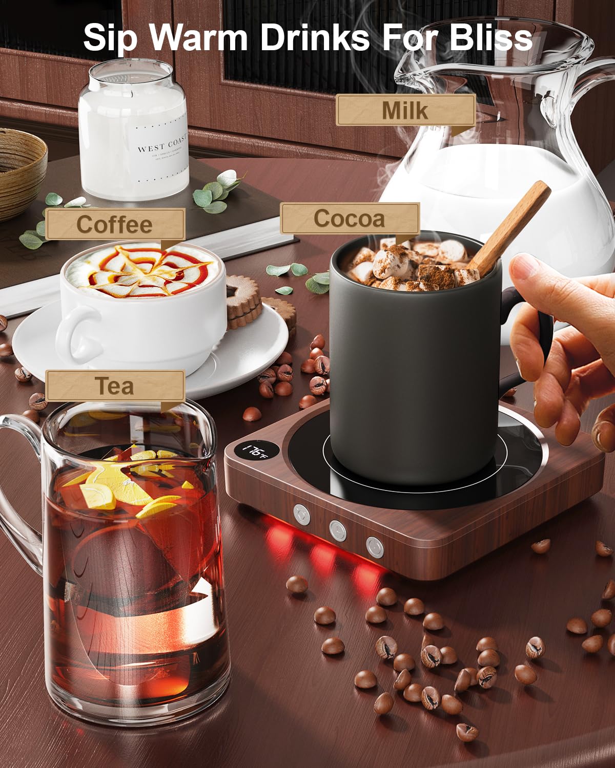 House Gem Mug Warmer on a desk with mug, steady warmth