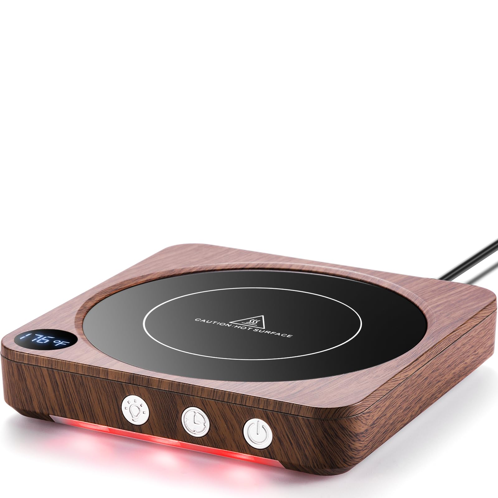 House Gem Mug Warmer on wood base, front view, keeping coffee warm at the desk