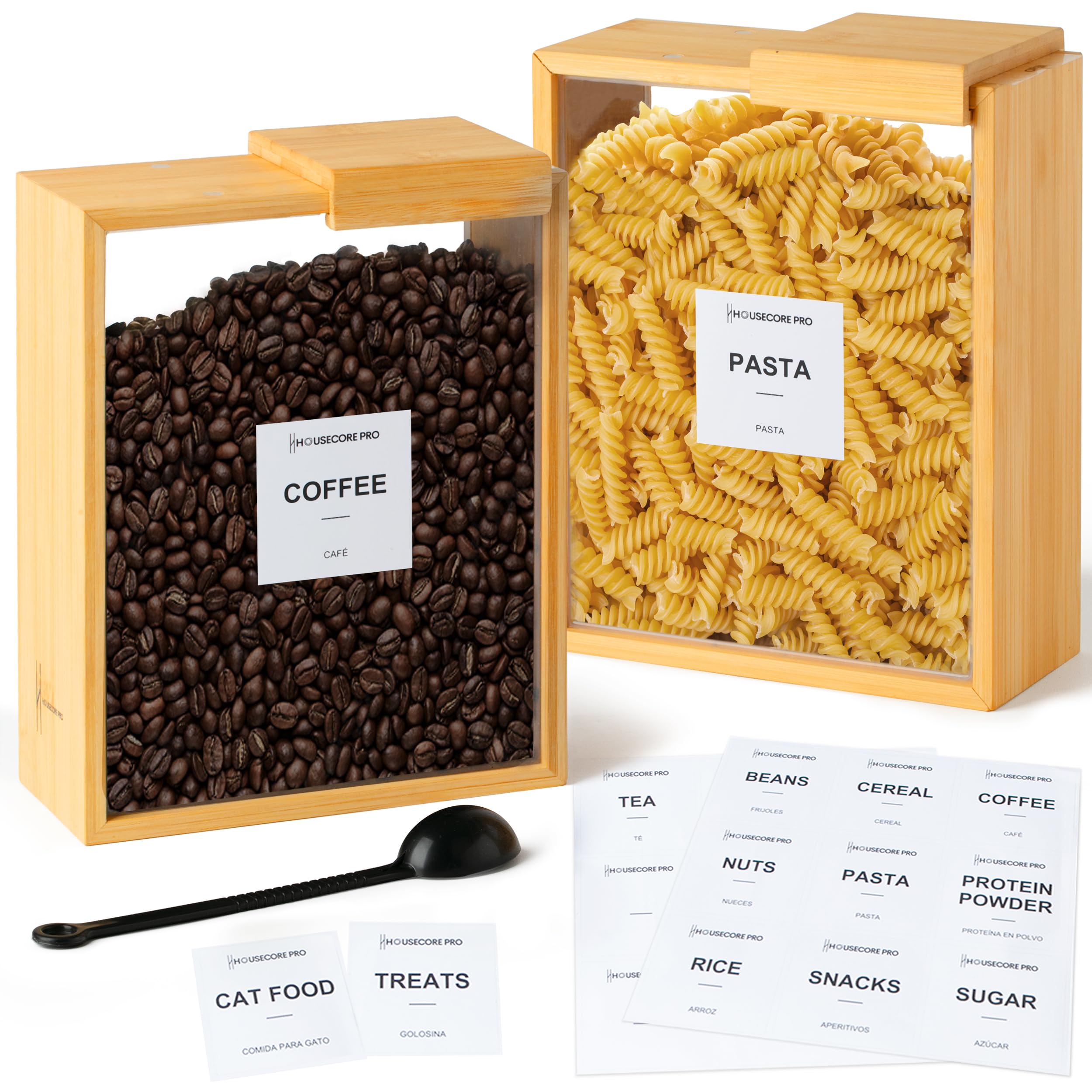 HouseCore Pro bamboo food dispenser front view for organized pantry storage.