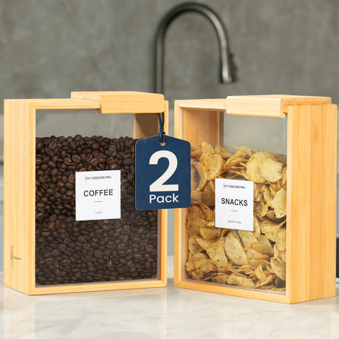 HouseCore Pro bamboo dispenser magnetic lid in open position for easy scooping.
