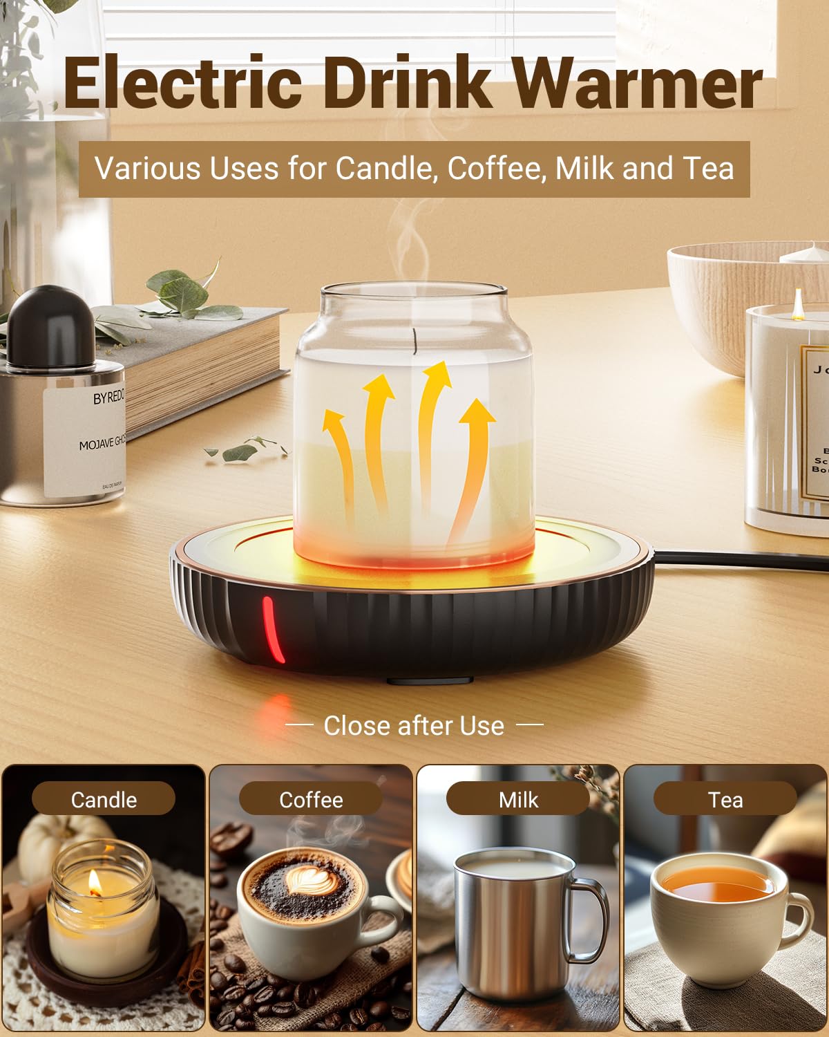 HouseGem candle warmer plate side view highlights compact desk-friendly design