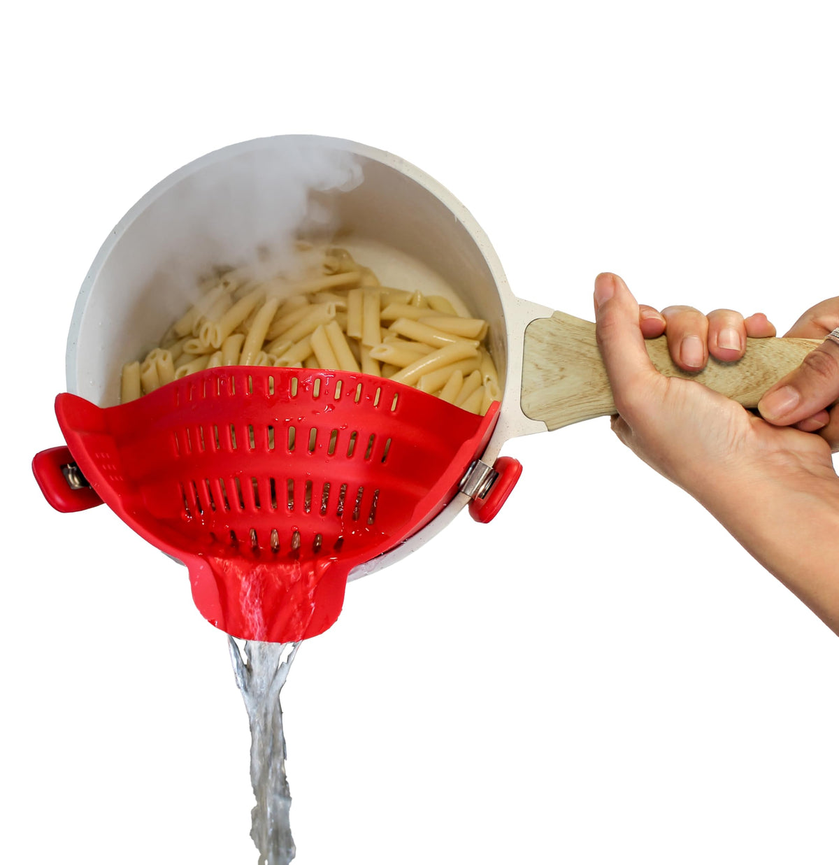 Houseify Perfect Pasta Pal clip-on strainer attached to a pot for mess-free draining