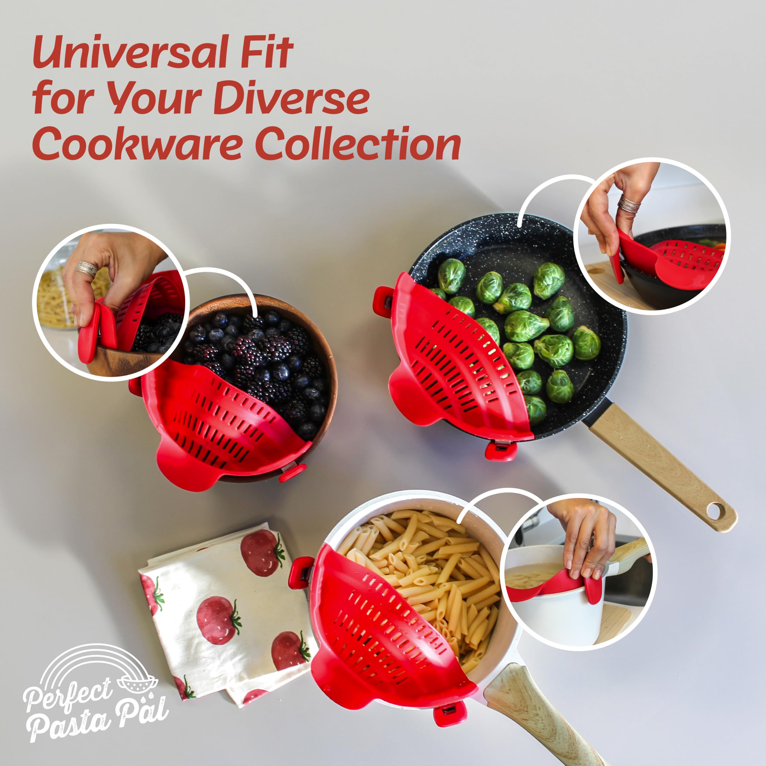 Houseify Perfect Pasta Pal universal clip-fit on different pot sizes for easy draining