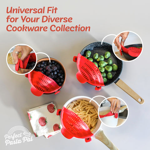 Houseify Perfect Pasta Pal universal clip-fit on different pot sizes for easy draining