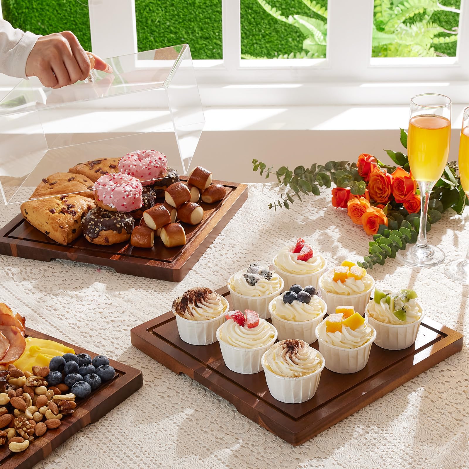 HouseJoy acacia wood board features finger slots for easy movement.