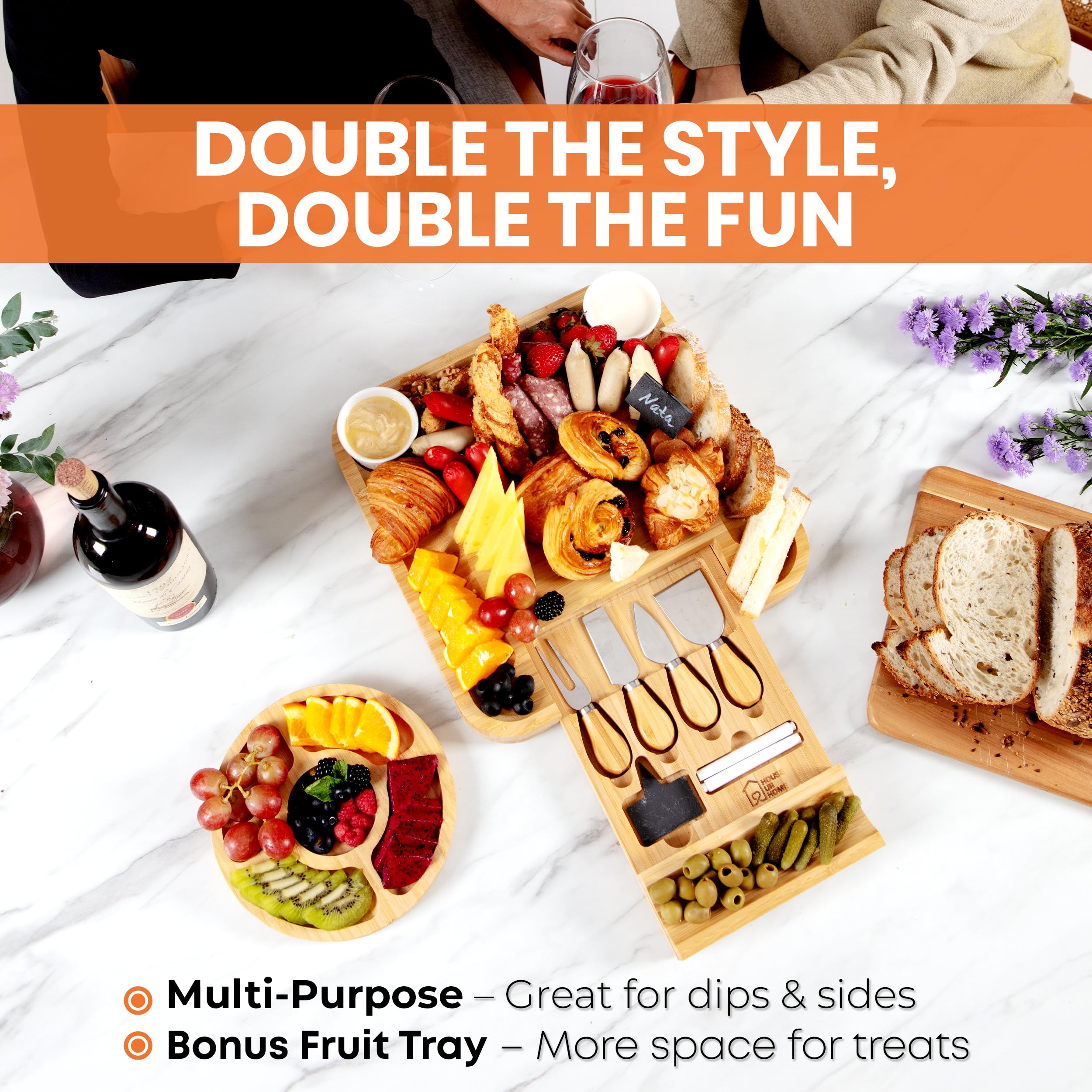 House Ur Home charcuterie board showing built-in grooves for crackers, nuts, and fruit.