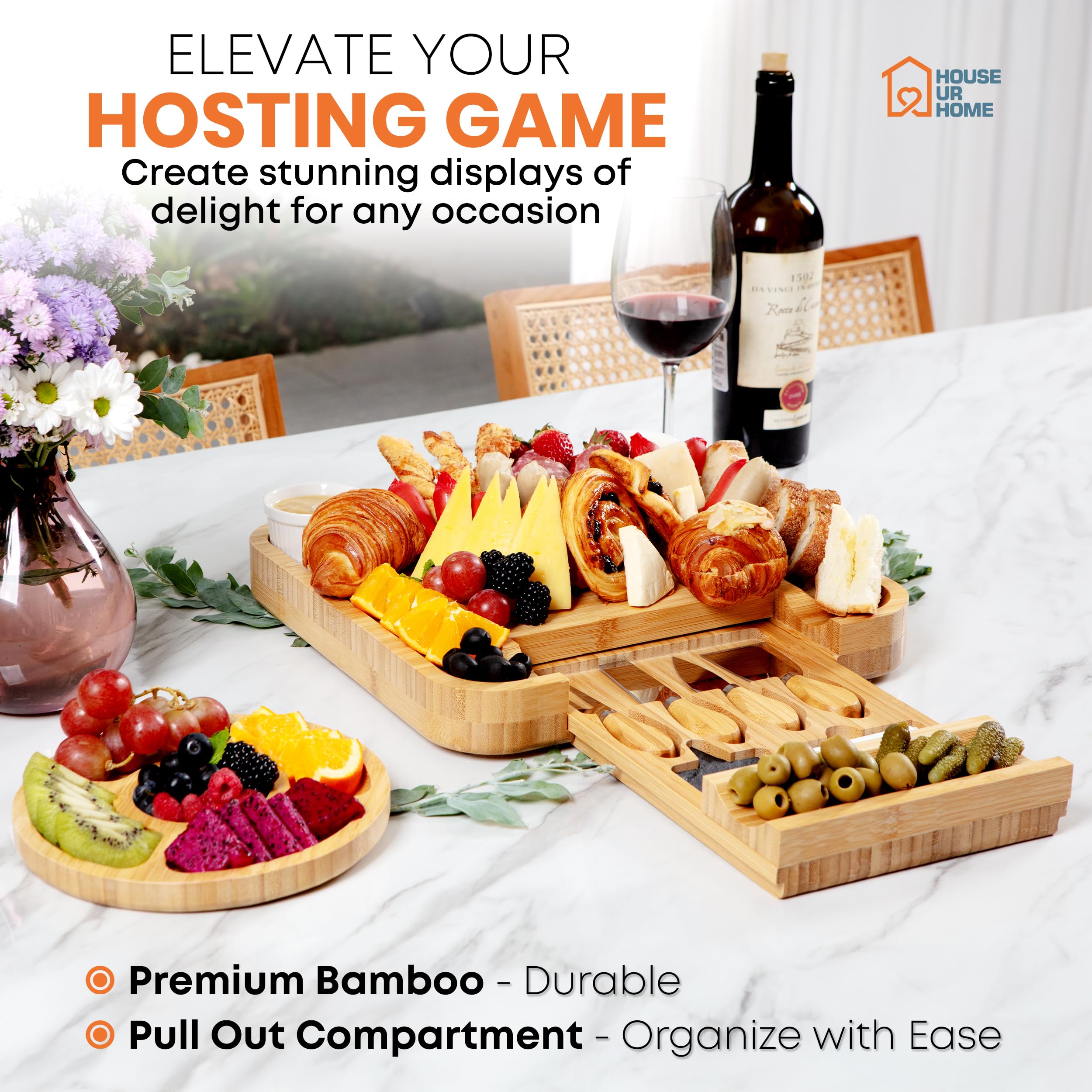House Ur Home bamboo board with knives and bowls, ready for stylish hosting.