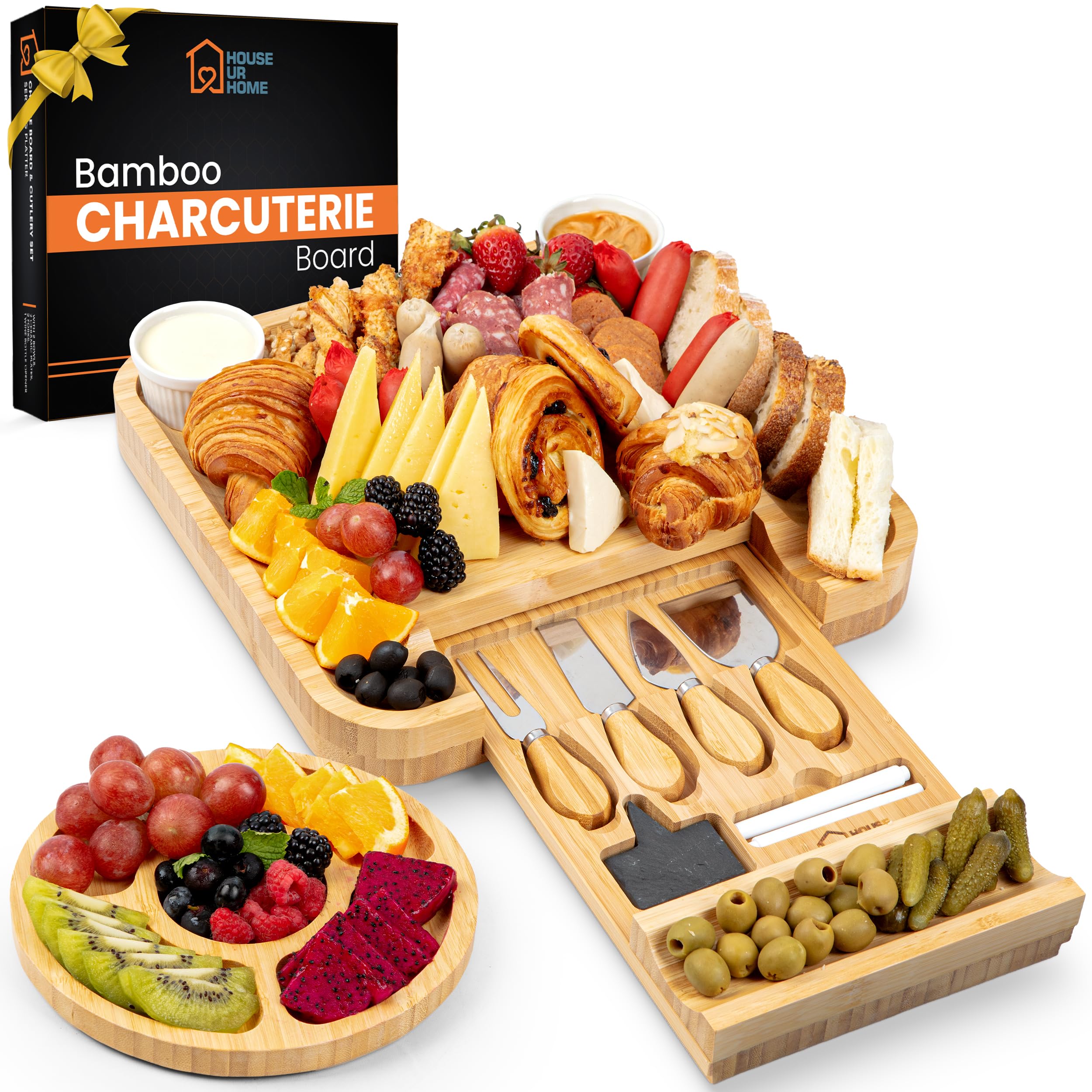 House Ur Home large bamboo charcuterie board with hidden drawer, ideal for storing utensils during gatherings.