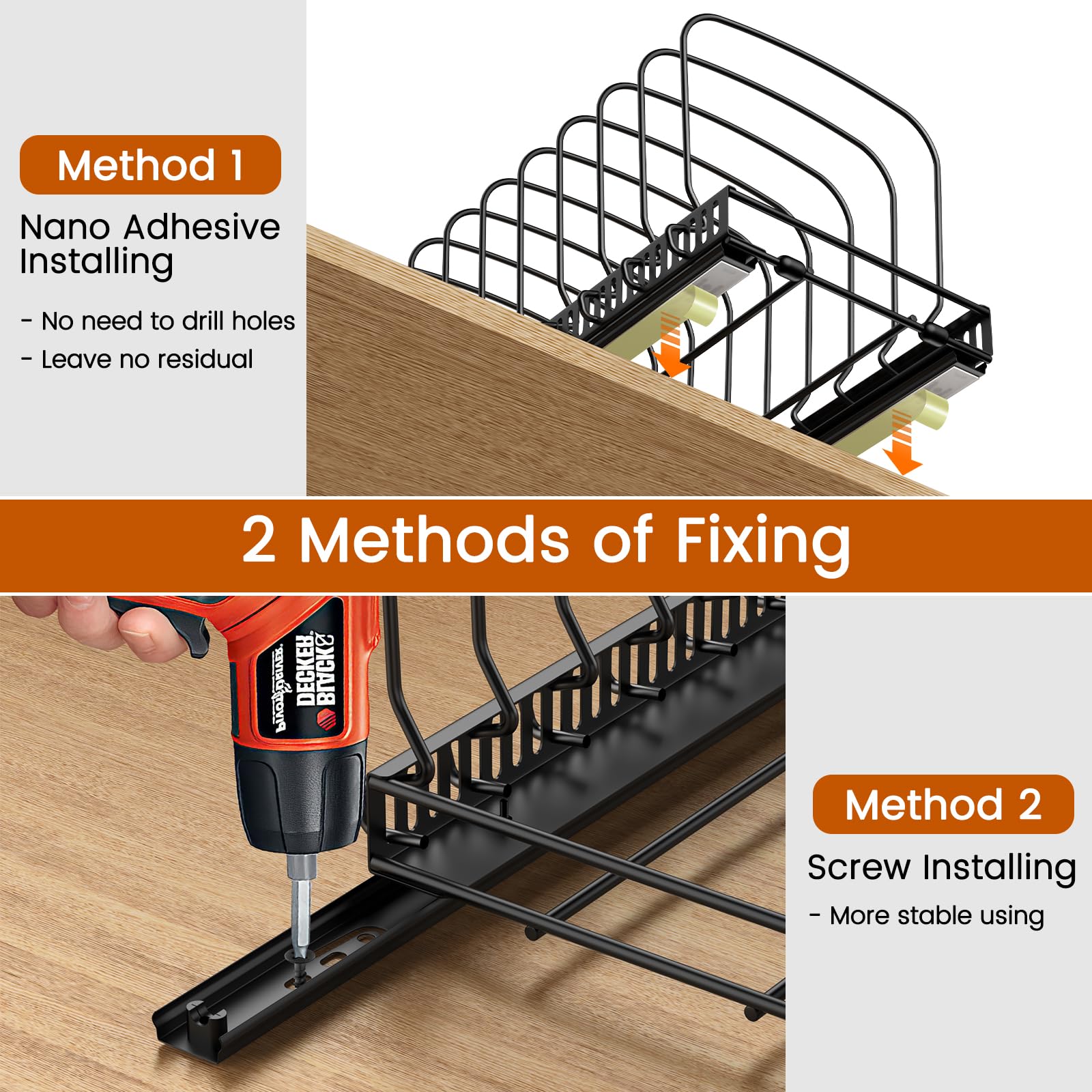 Housolution 10 adjustable dividers customize space for pans and boards.
