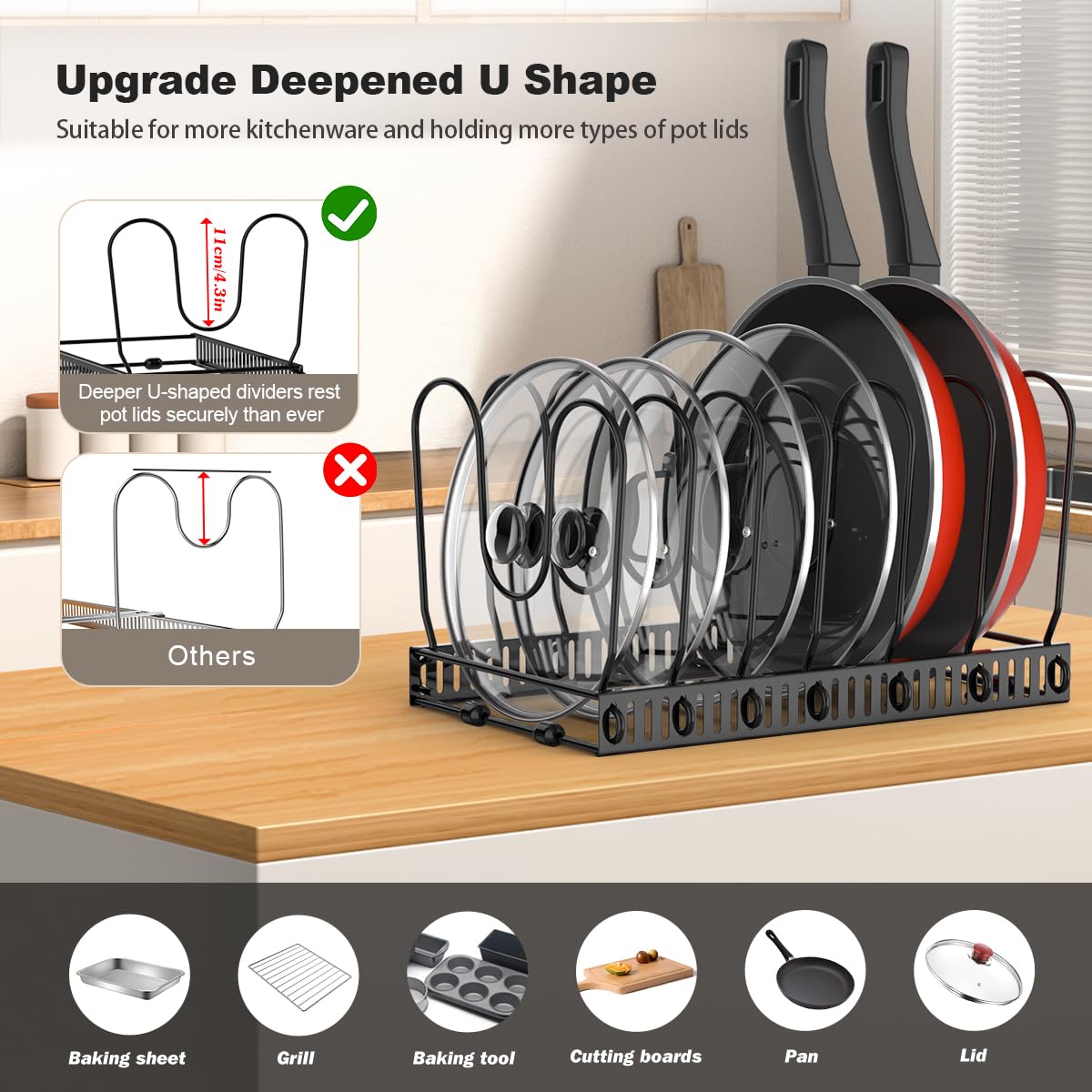 Housolution adjustable divider rack adapts to pots and pans for flexible storage