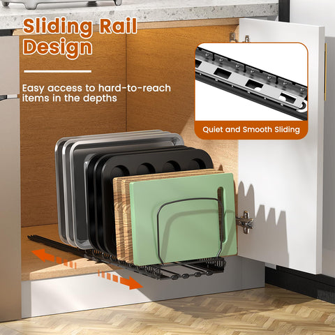 Housolution bakeware muffin tin storage rack fits tins and sheets with adjustable spacing.