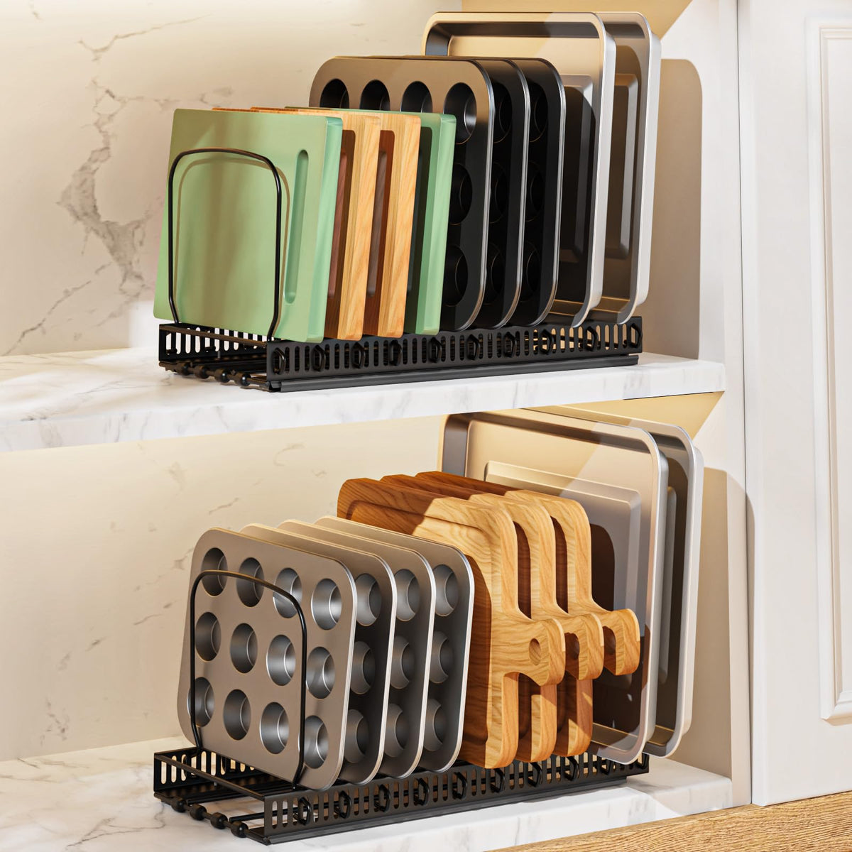 Housolution bakeware organizer with pullout rails for easy access and tidy storage.