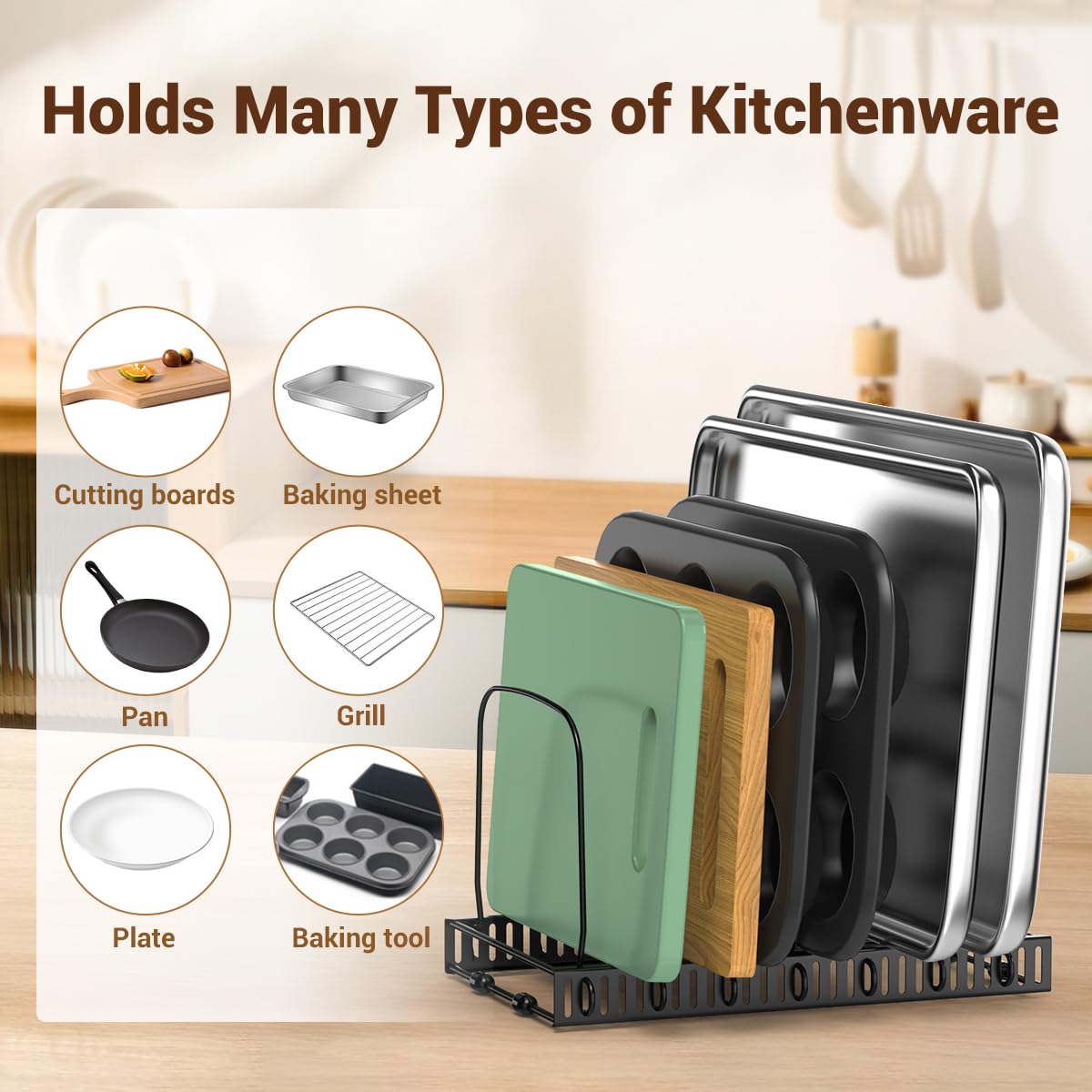 Housolution baking tray organizer keeps sheets and pans neatly aligned for quick access