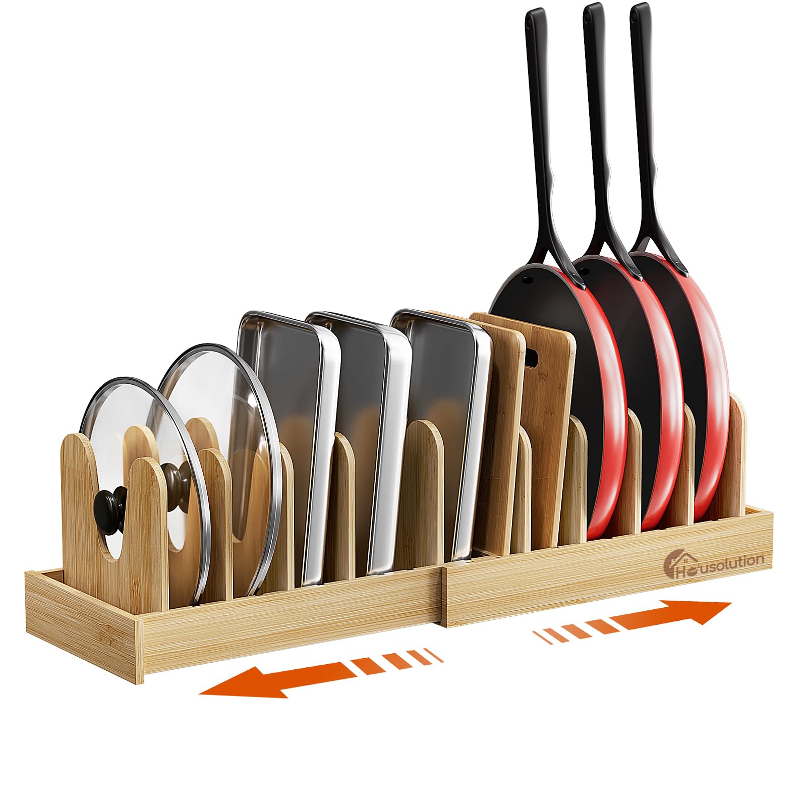 Housolution bamboo pot lid organizer extended in cabinet for easy access