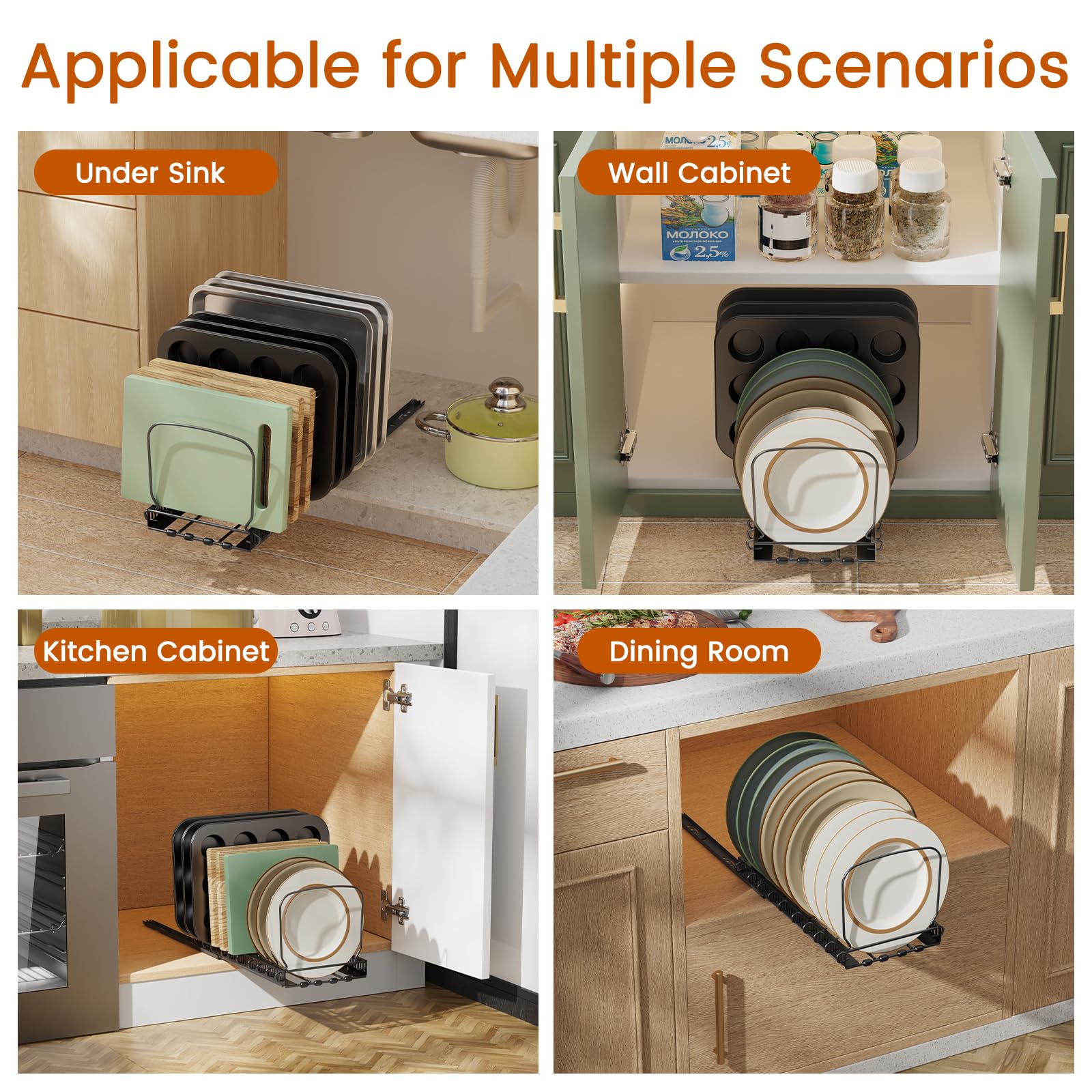 Housolution cabinet organizer in use keeps kitchen items organized and accessible.