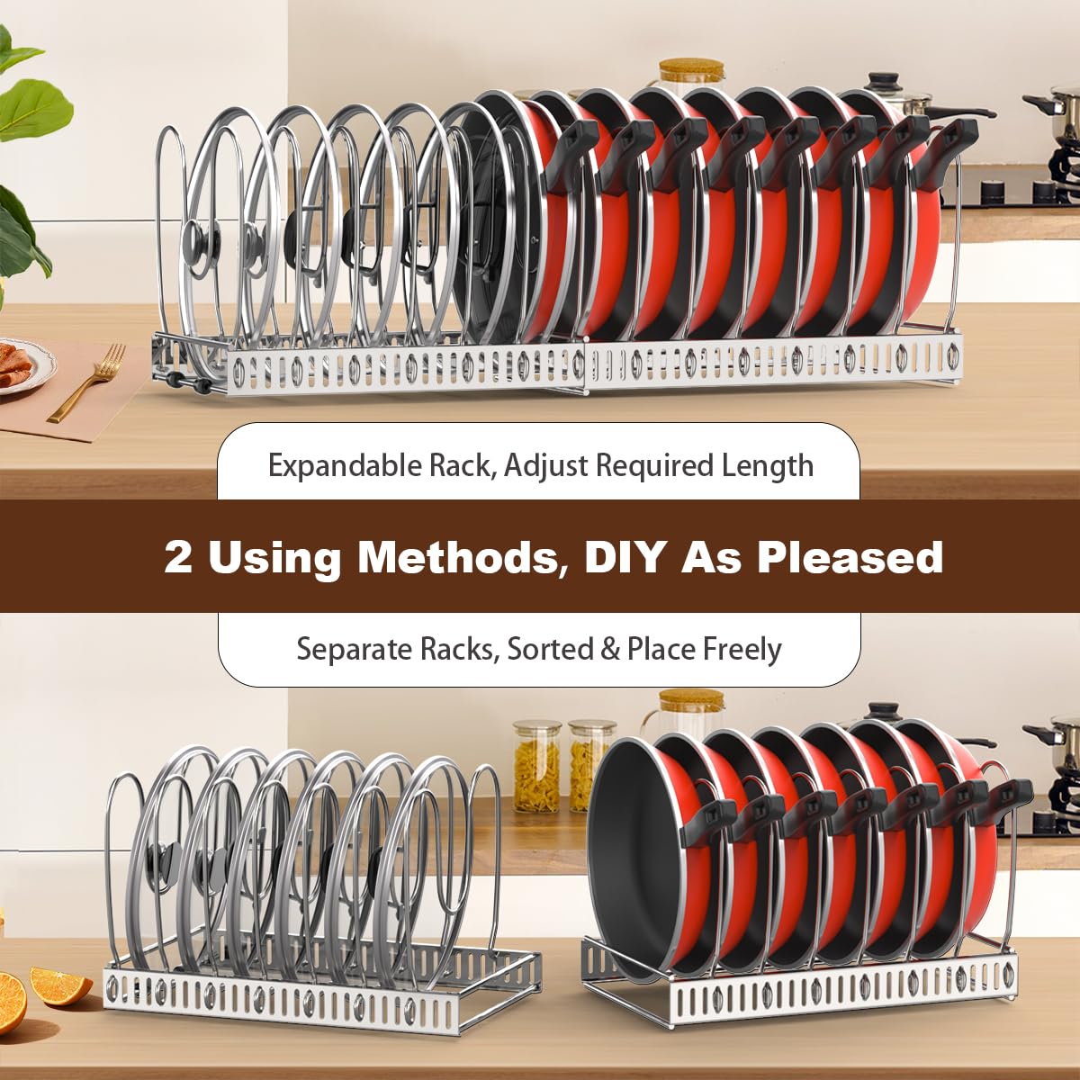 Housolution countertop setup with heavy pans aligned by adjustable dividers.