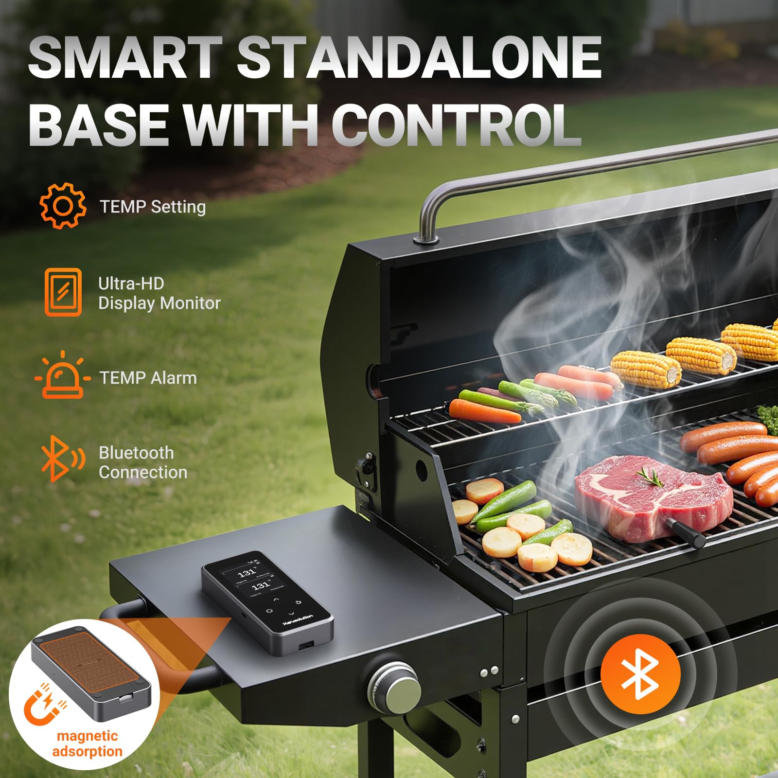 Housolution dual probes on meat provide simultaneous temperature tracking for precision cooking.