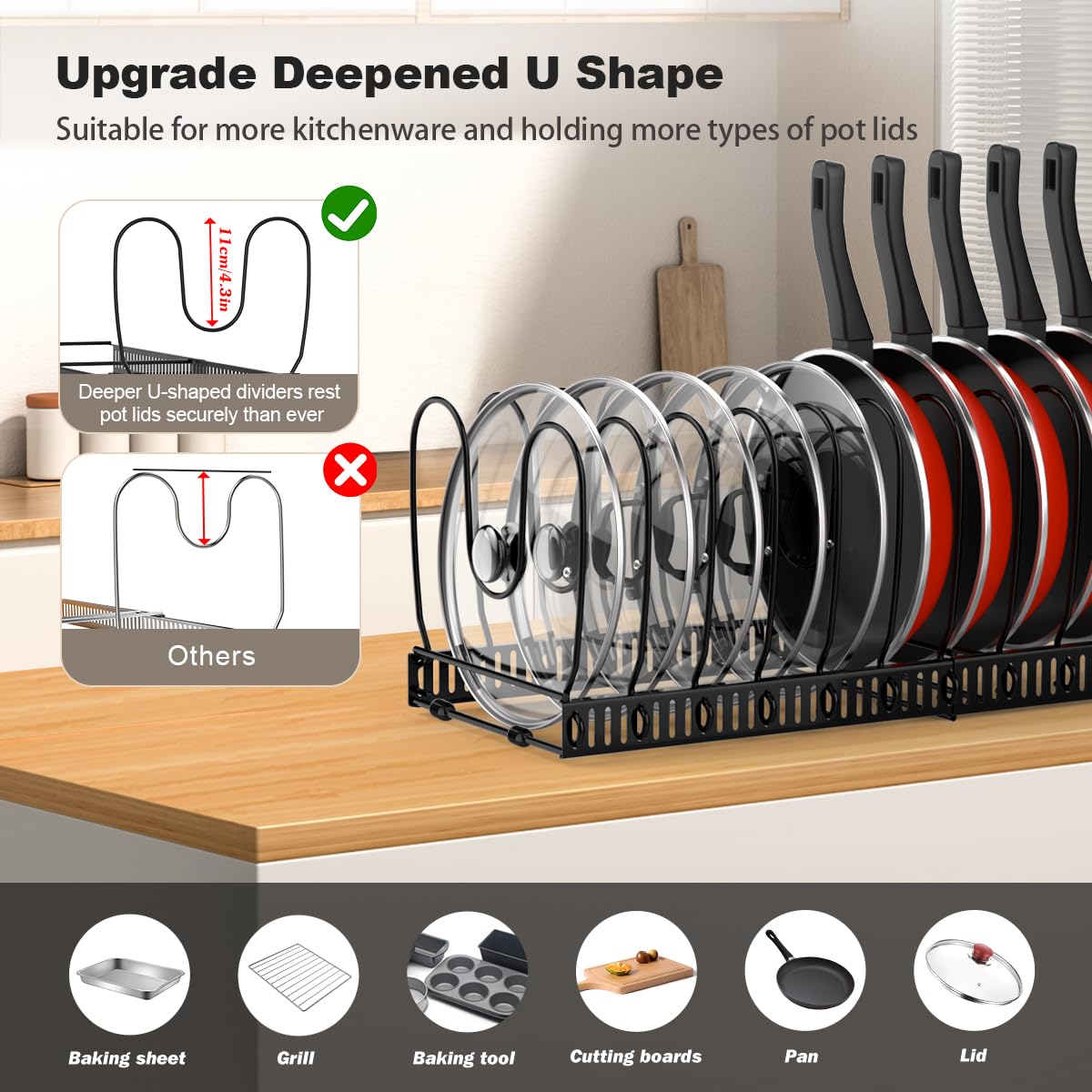 Housolution expandable lid rack demonstrates dual-use versatility for lids and bakeware.