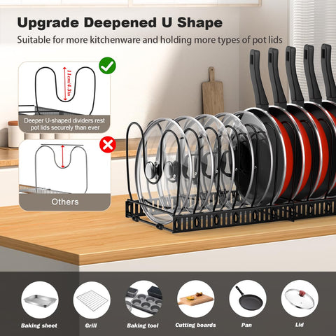 Housolution expandable lid rack demonstrates dual-use versatility for lids and bakeware.