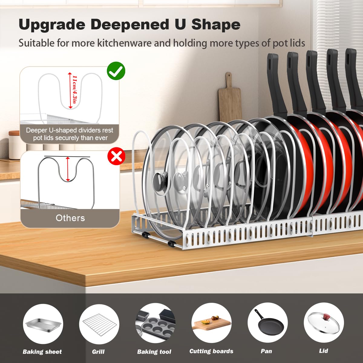 Housolution expandable pots and lids holder adapts to different sizes and handles.