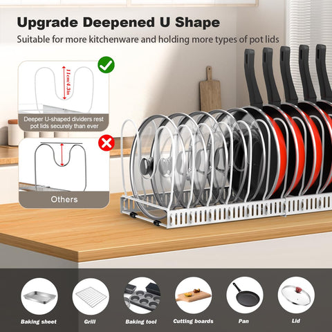 Housolution expandable pots and lids holder adapts to different sizes and handles.