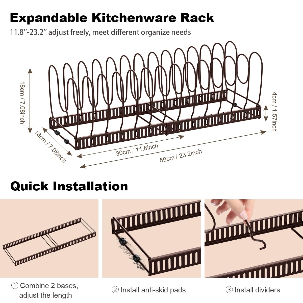 Housolution heavy pans neatly stored with the expandable rack.