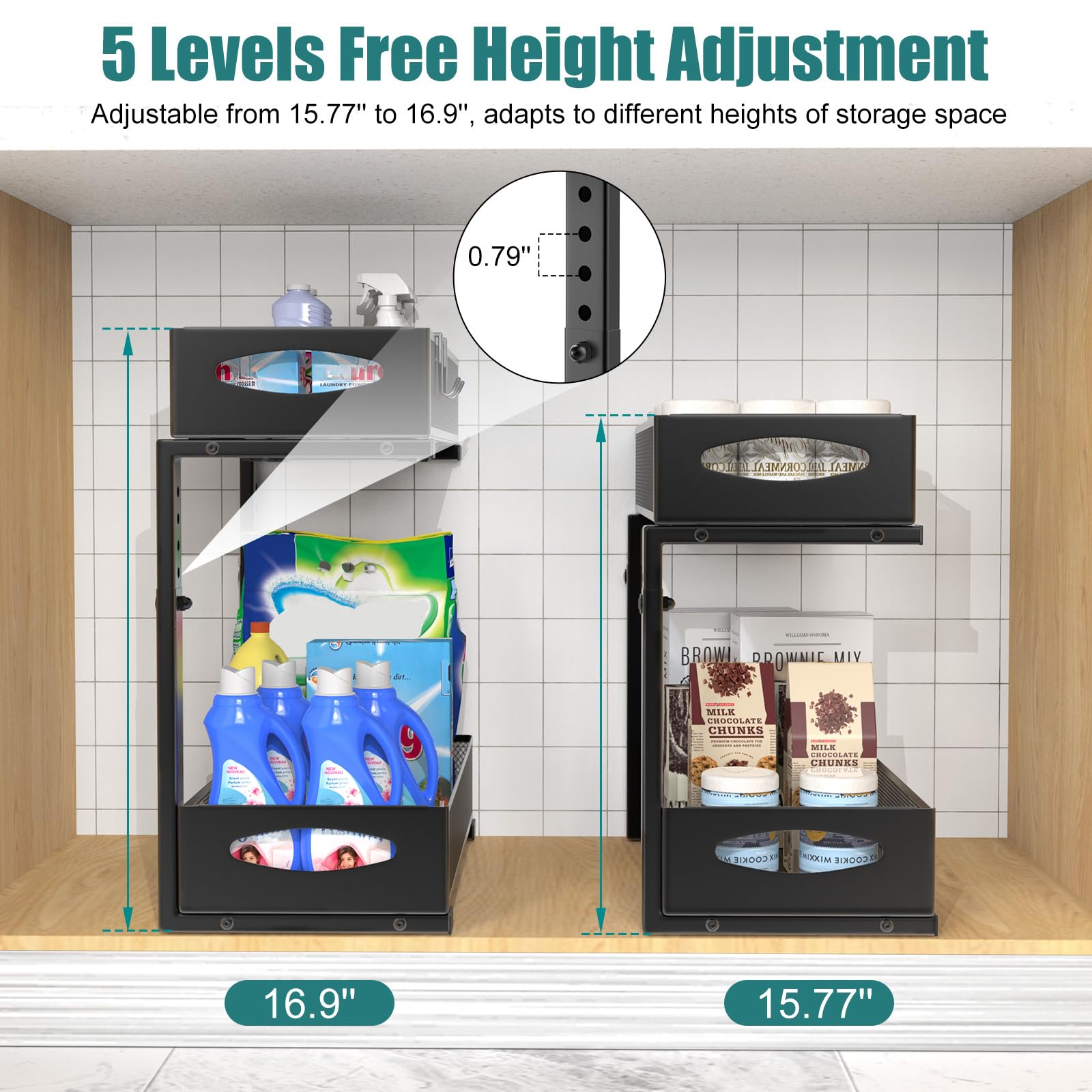 Housolution adjustable-height 5-level system fits different cabinet heights for flexibility.