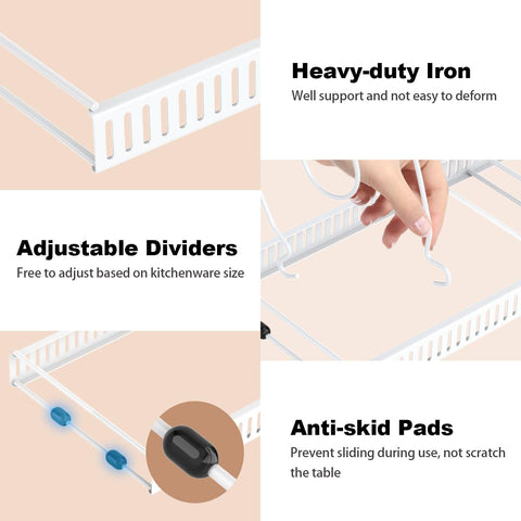 Housolution white pan holder storage rack keeps cookware neatly accessible.